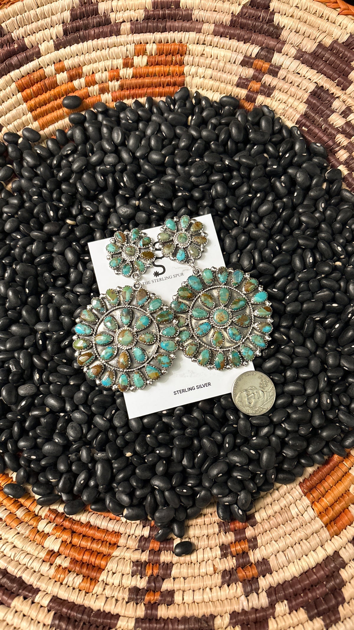 XL GREEN TURQUOISE CLUSTER DANGLE EARRINGS STAMPED DLW STERLING