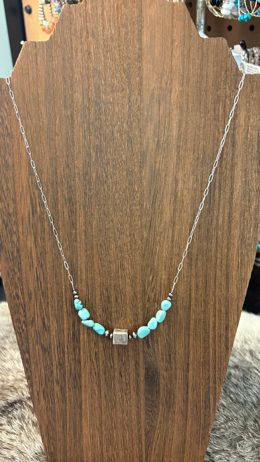 LONE MOUNTAIN TURQUOISE BARREL BEAD CHAIN NECKLACE