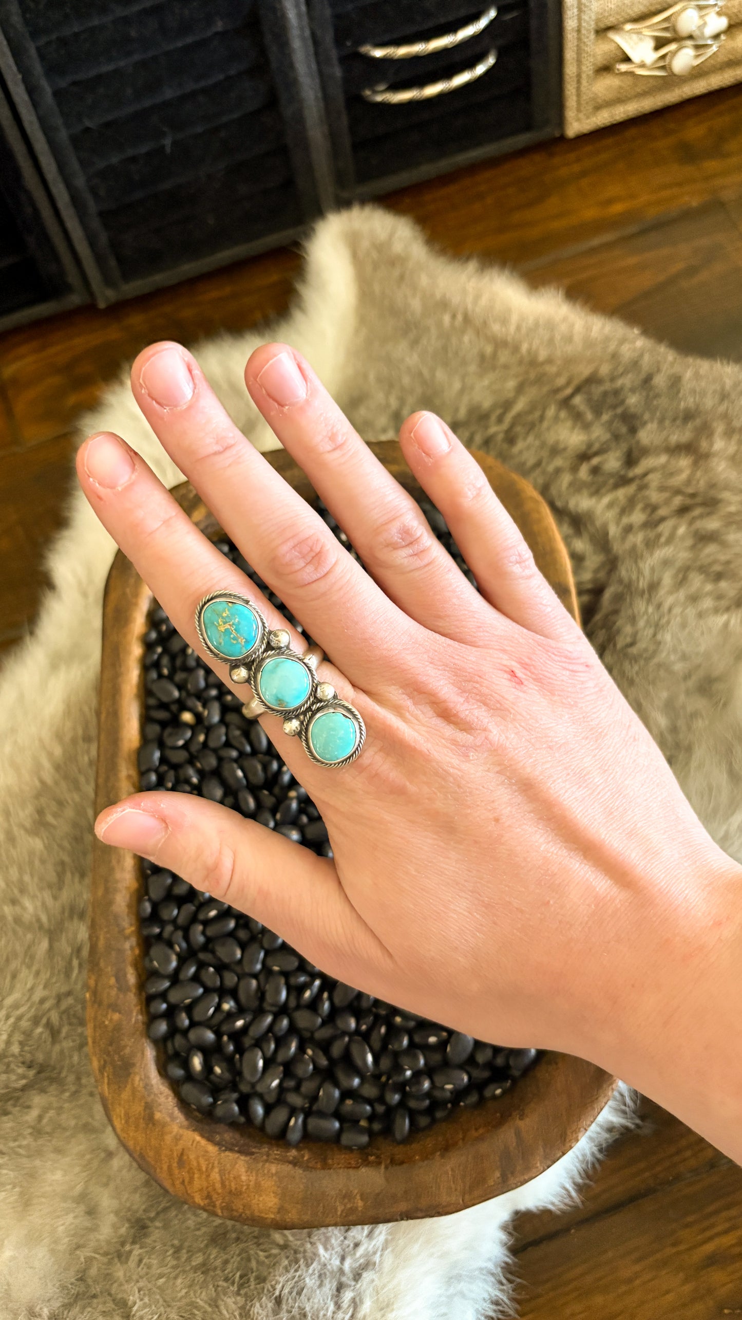 3 STONE TURQUOISE BAR STATEMENT RING - ADJUSTABLE