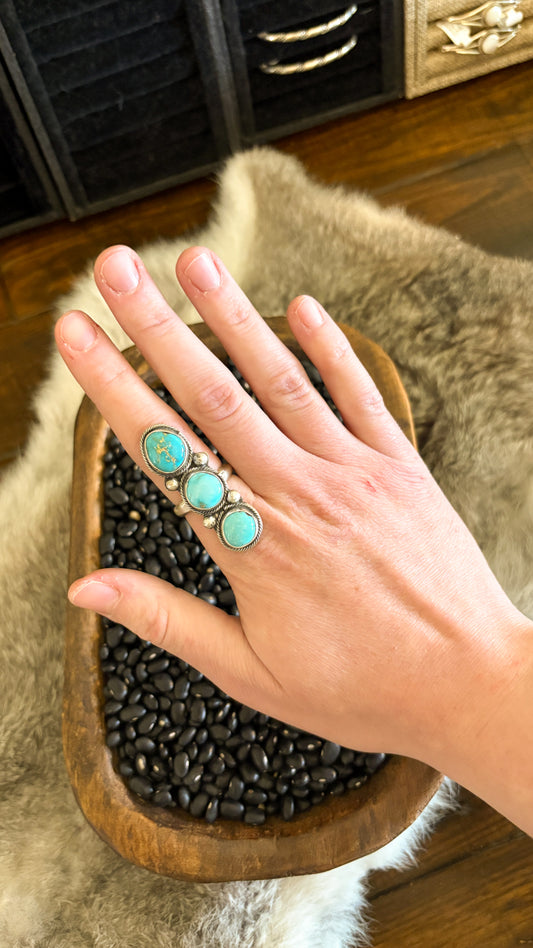 3 STONE TURQUOISE BAR STATEMENT RING - ADJUSTABLE