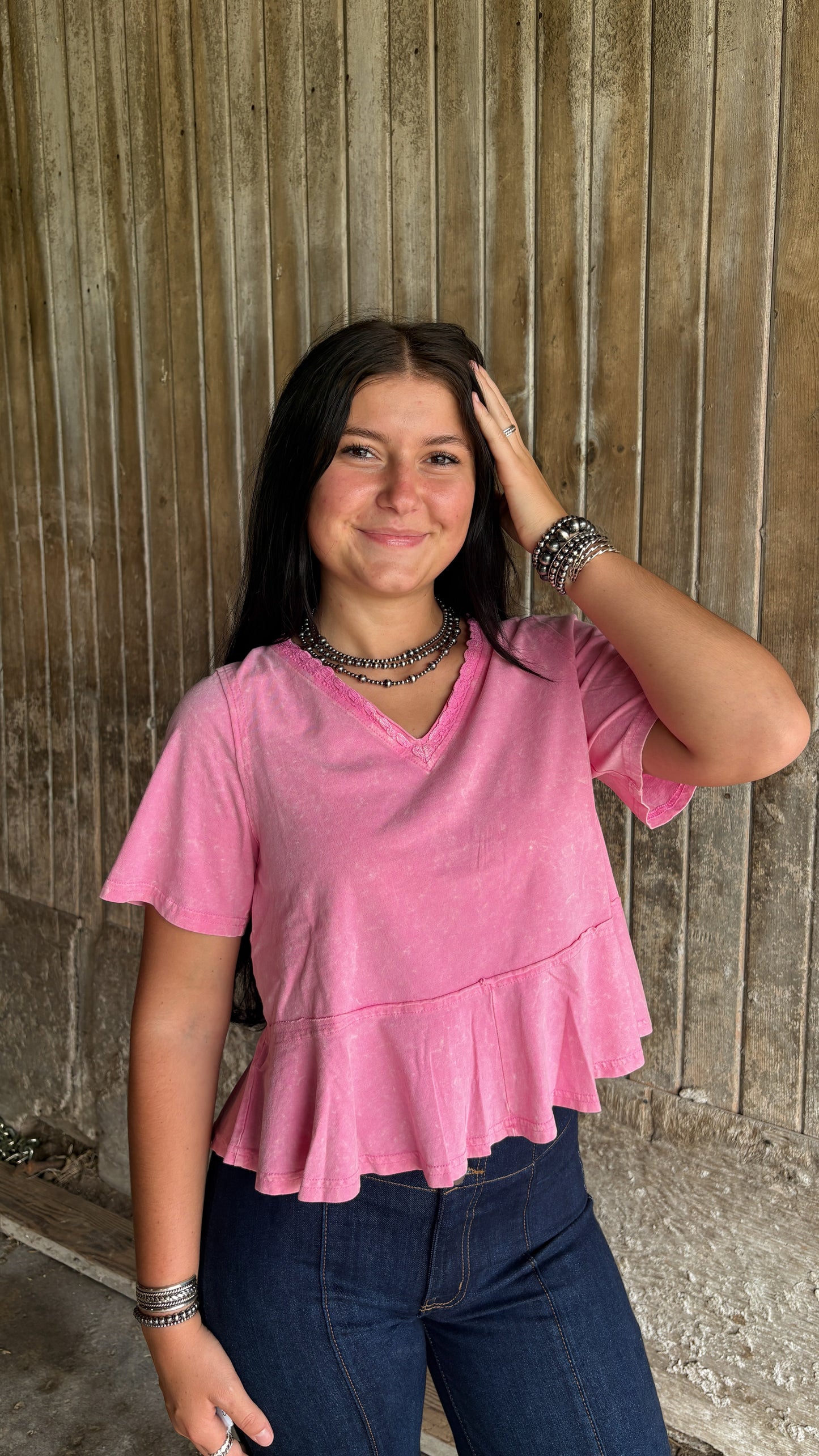 ACID WASH RUFFLE TOP - PINK