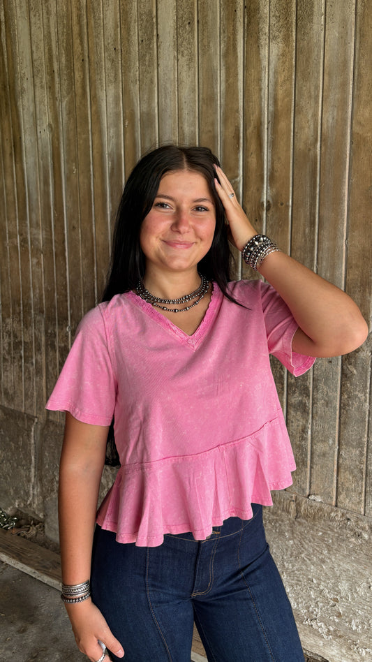 ACID WASH RUFFLE TOP - PINK