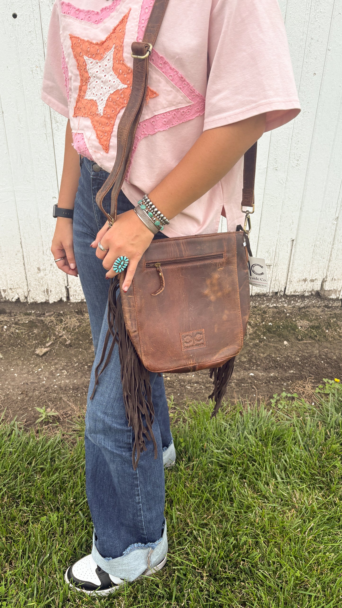 COWHIDE & LEATHER TOOLED LIGHTNING BOLT CROSSBODY BAG - #1
