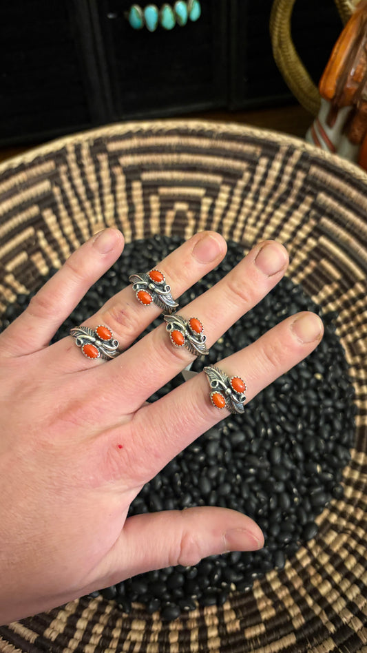 DOUBLE STONE CORAL FEATHER RING BY HARRY B. YAZZIE