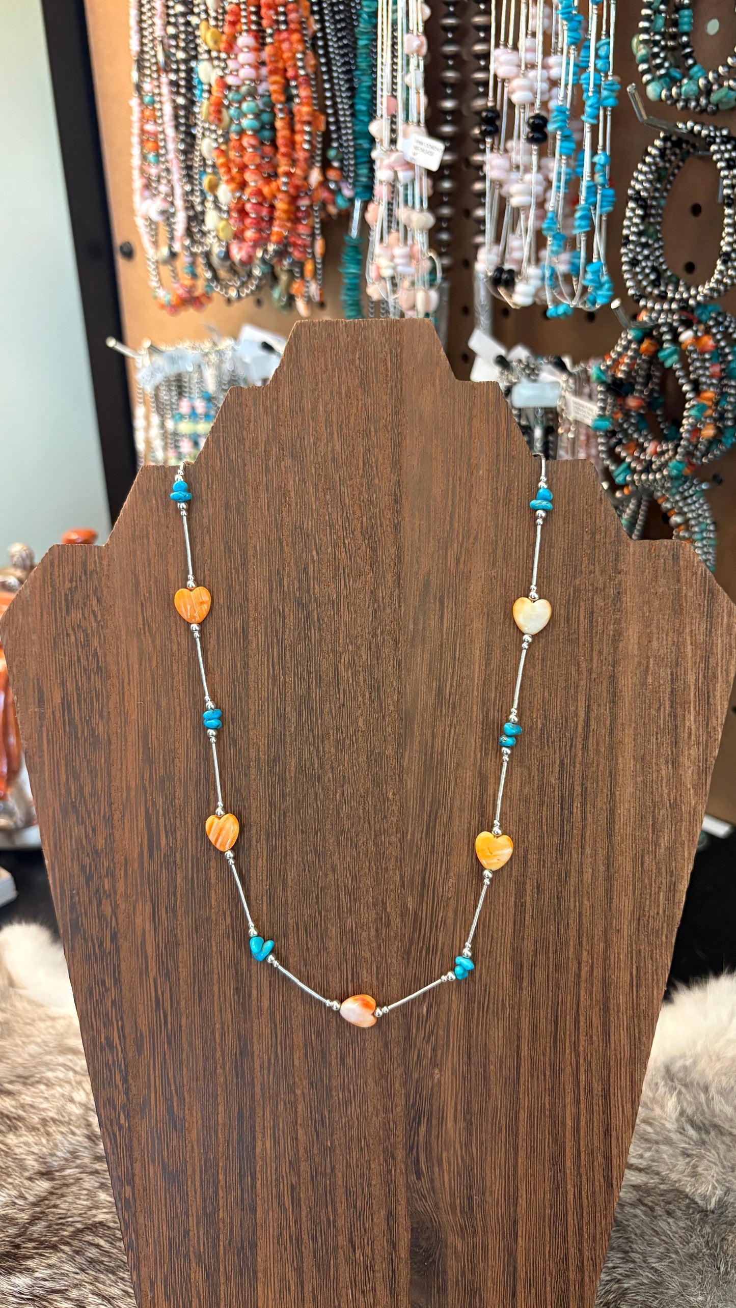TURQUOISE CHIP & ORANGE SPINY HEART LIQUID SILVER NECKLACE