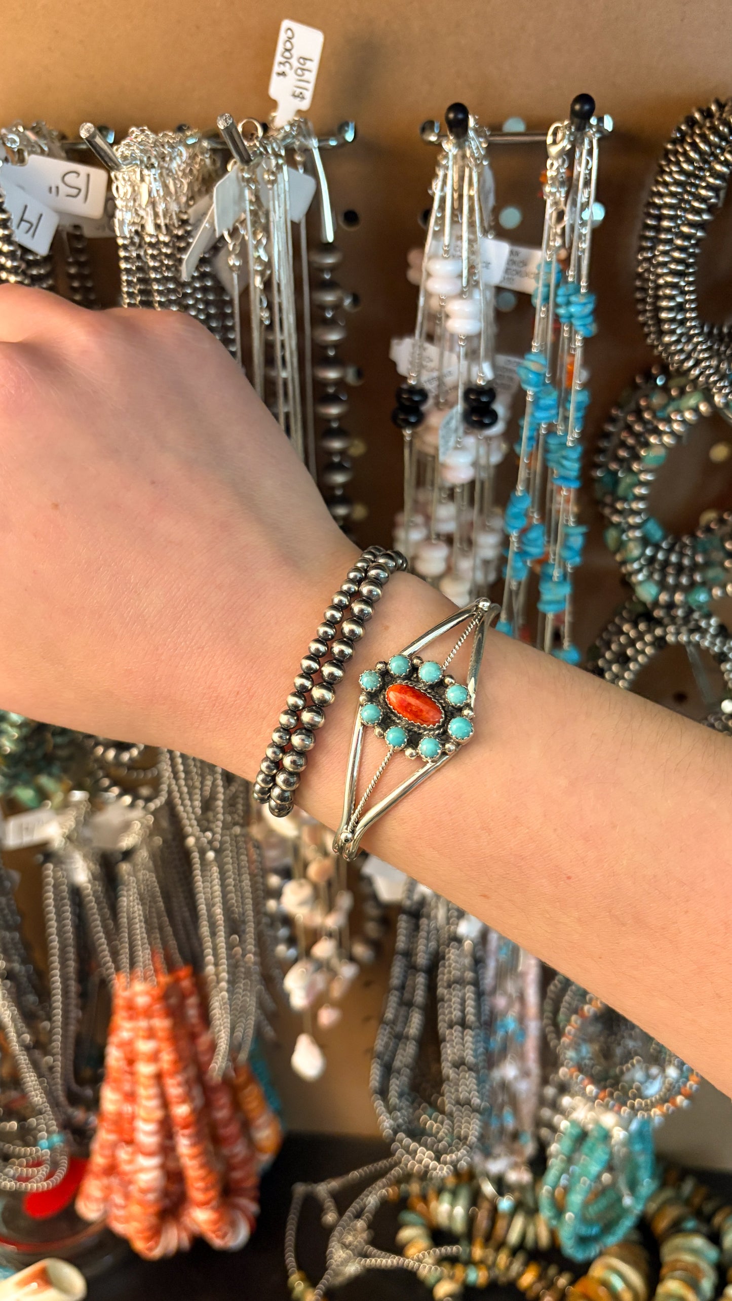 TURQUOISE & CORAL CLUSTER CUFF BY PEGGY SKEETS