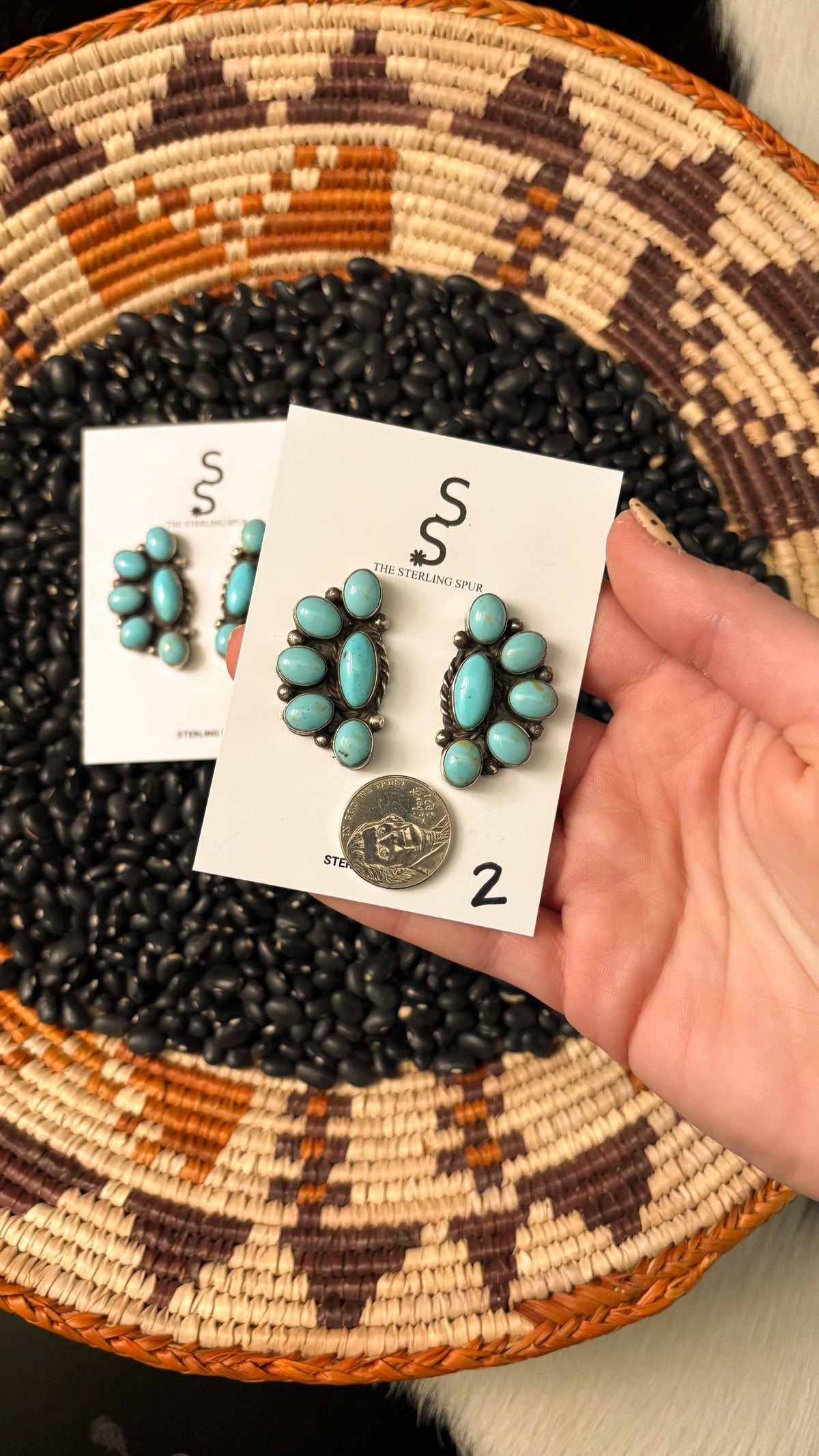 KINGMAN TURQUOISE HALF CLUSTER EARRINGS STAMPED AH STERLING
