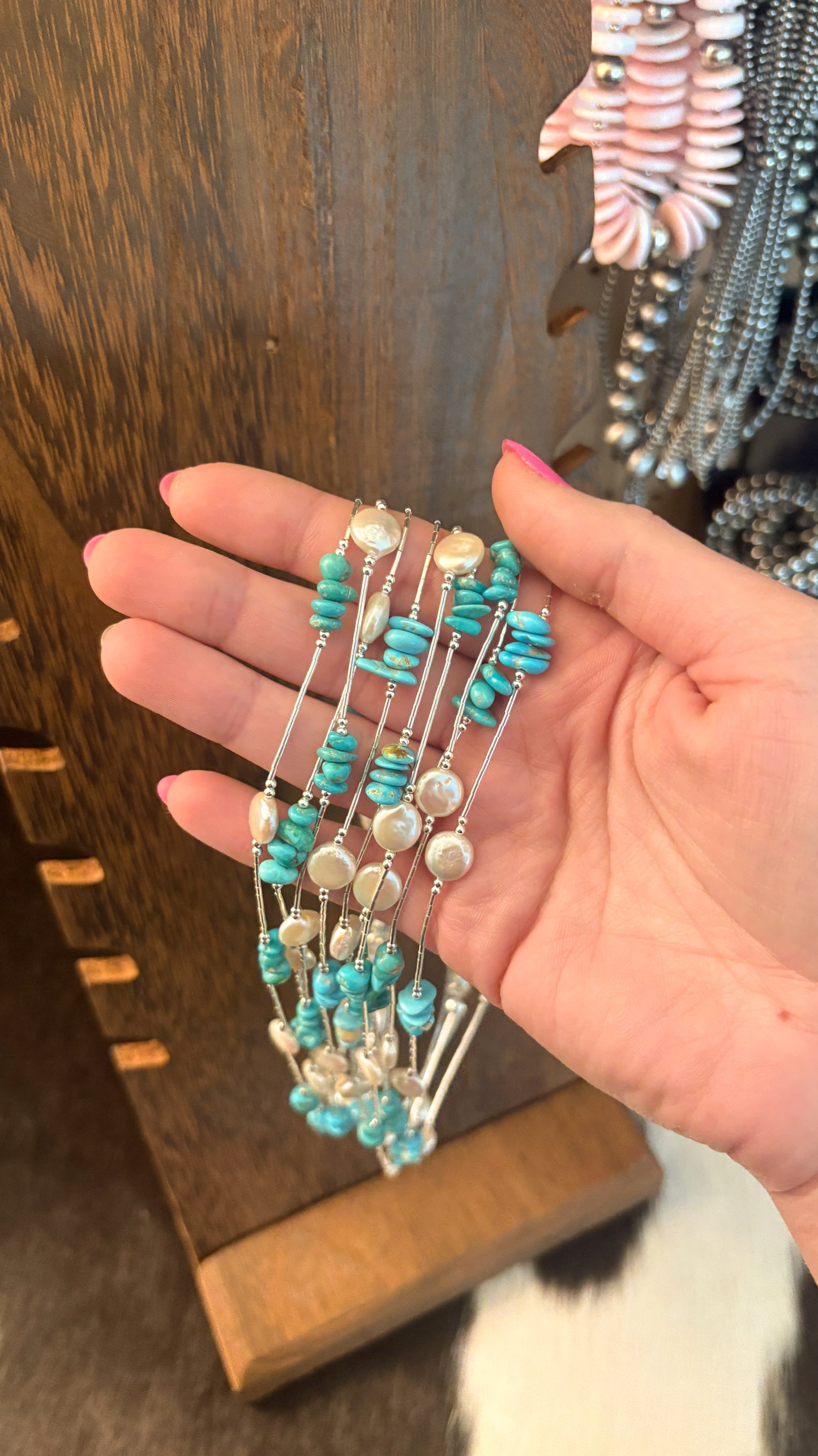 LIQUID SILVER KINGMAN TURQUOISE CHIP & FRESHWATER PEARL NECKLACE