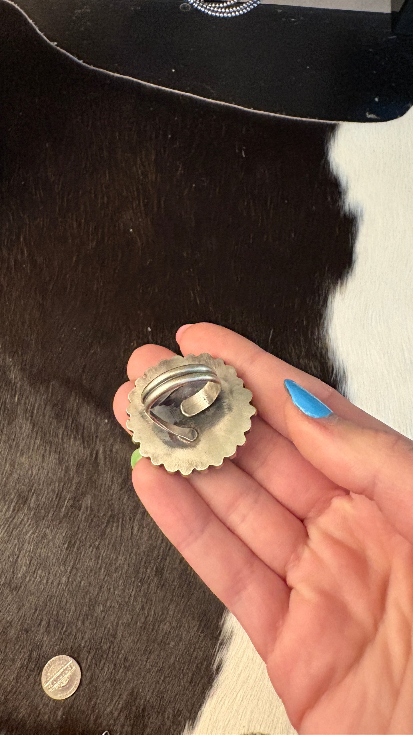 1943 GREEN TURQUOISE MERCURY DIME CLUSTER RING BY ELI SKEETS