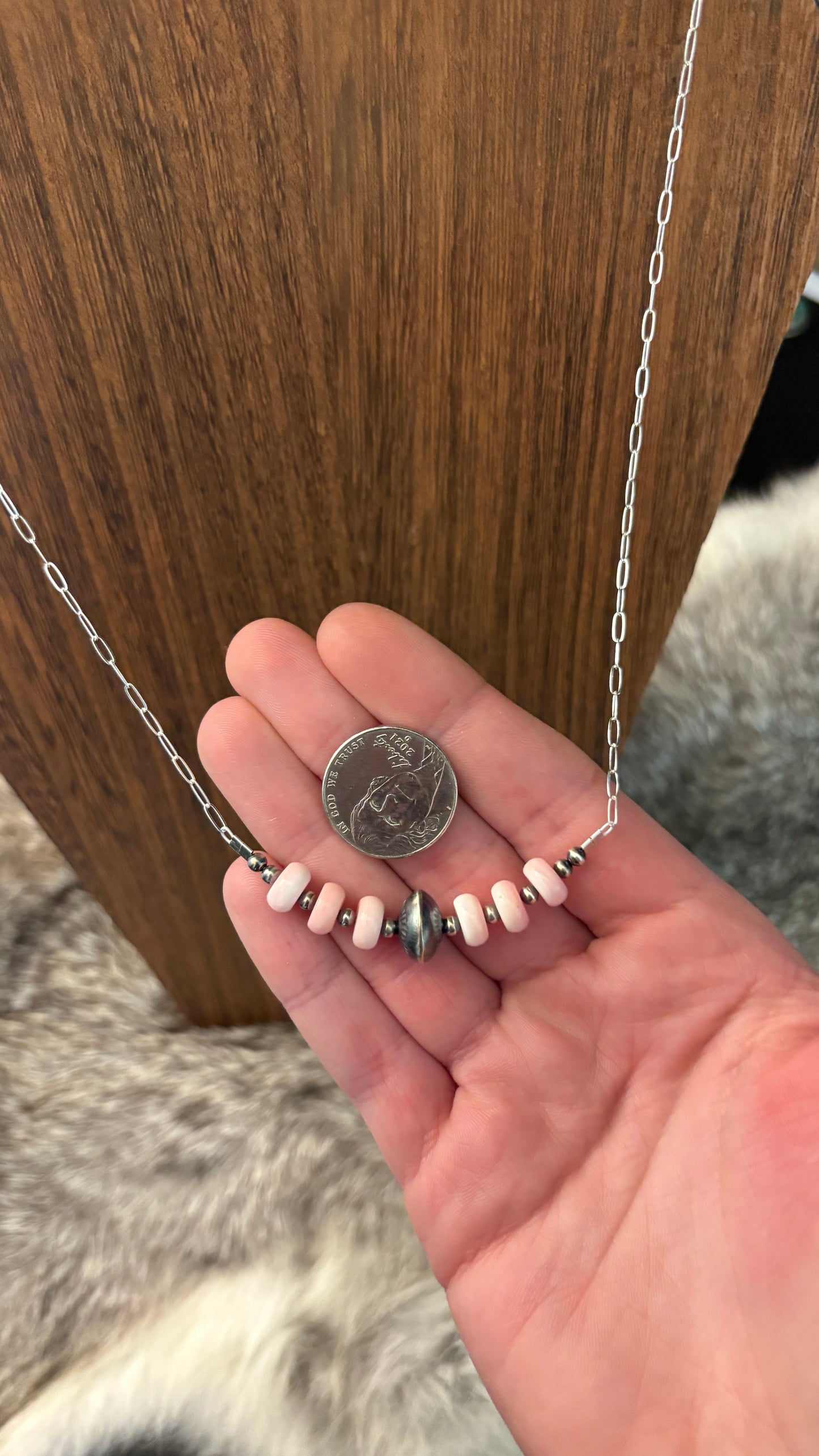 PINK CONCH STAMPED SAUCER BEAD CHAIN NECKLACE