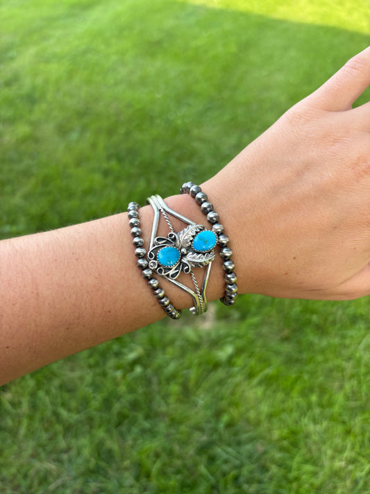 DOUBLE STONE TURQUOISE FEATHER CUFF