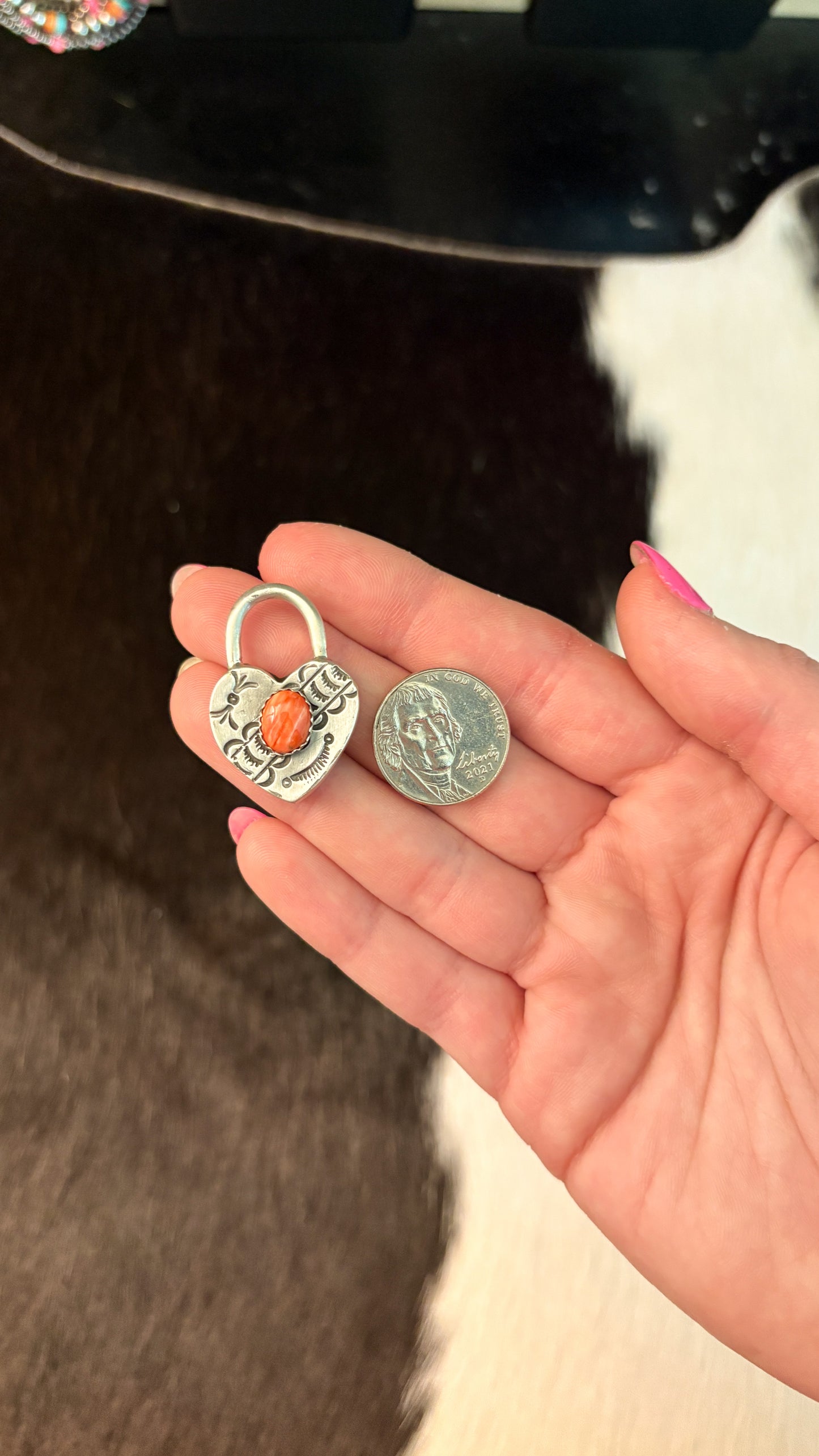 RED SPINY OYSTER HEART LOCKET BY HAROLD TAHE