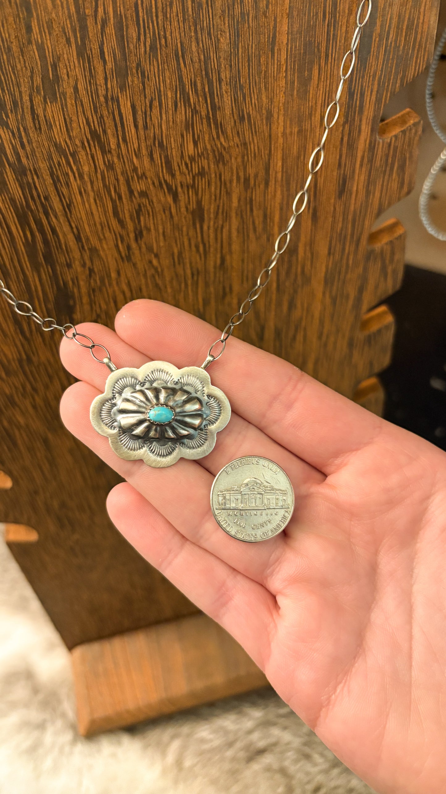 KINGMAN TURQUOISE CONCHO NECKLACE BY LAVINA BENALLY