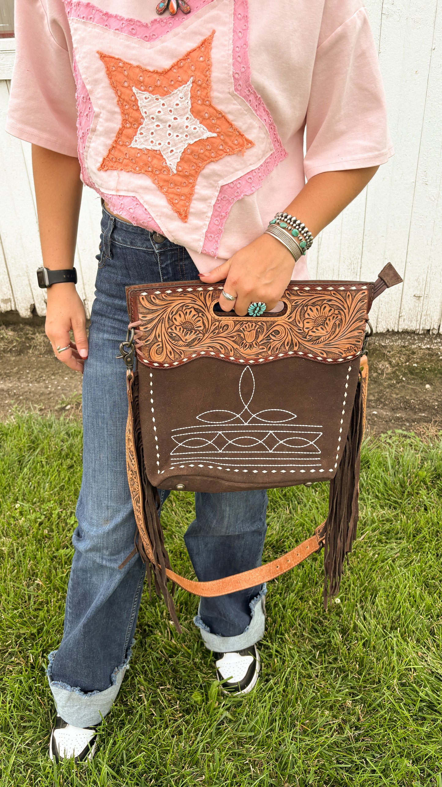 BROWN SUEDE BOOTSTITCH & LEATHER TOOLED CROSSBODY BAG