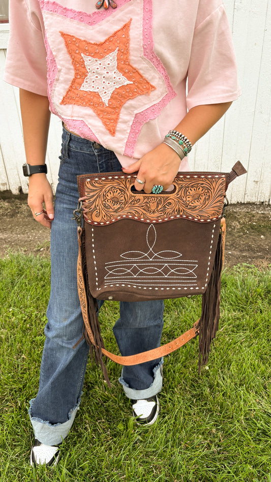 BROWN SUEDE BOOTSTITCH & LEATHER TOOLED CROSSBODY BAG