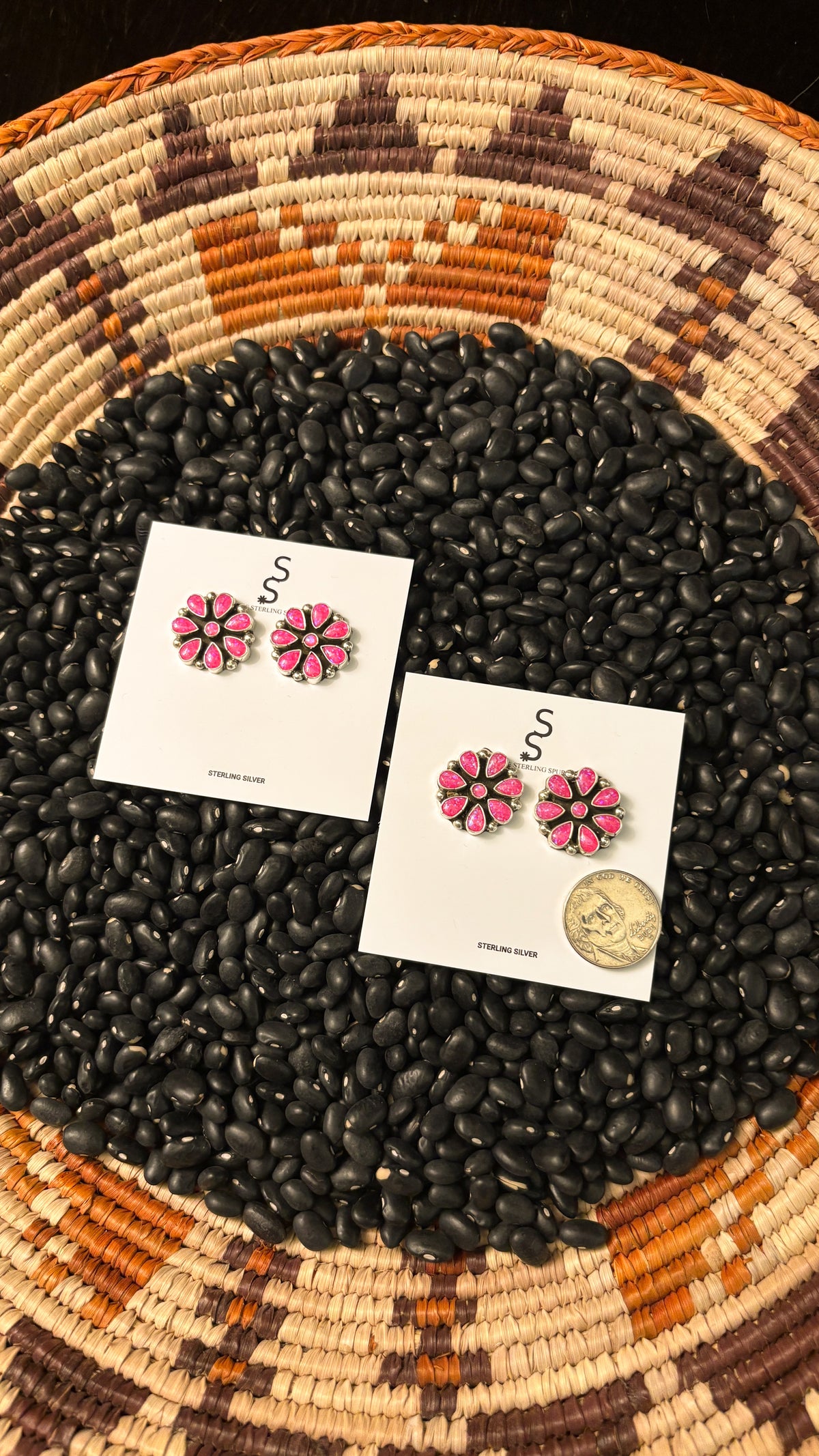ROUND HOT PINK OPAL CLUSTER EARRINGS STAMPED KC COOK STERLING