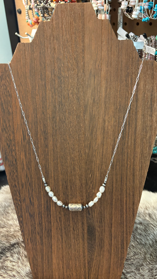FRESHWATER PEARL BARREL BEAD CHAIN NECKLACE