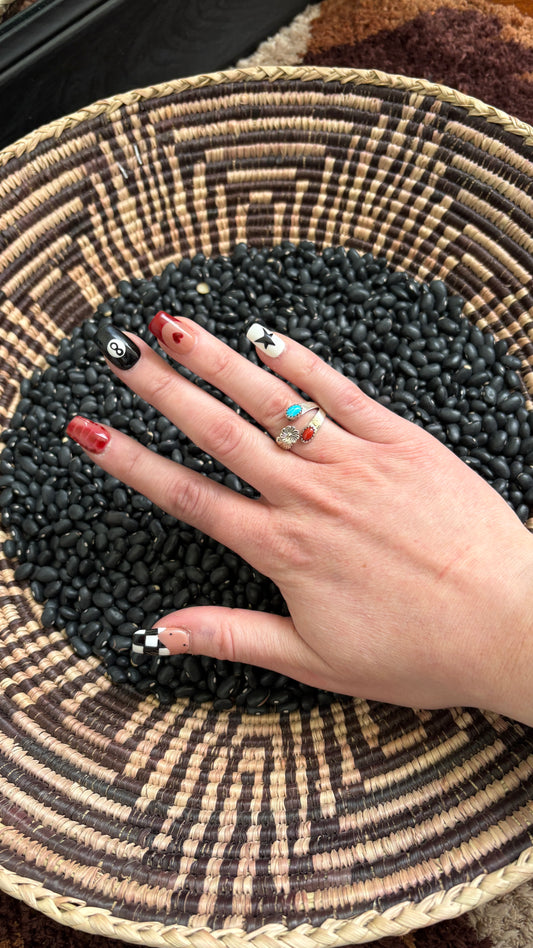 KINGMAN TURQUOISE & CORAL ADJUSTABLE FLOWER RING BY ROBERT MARTINEZ