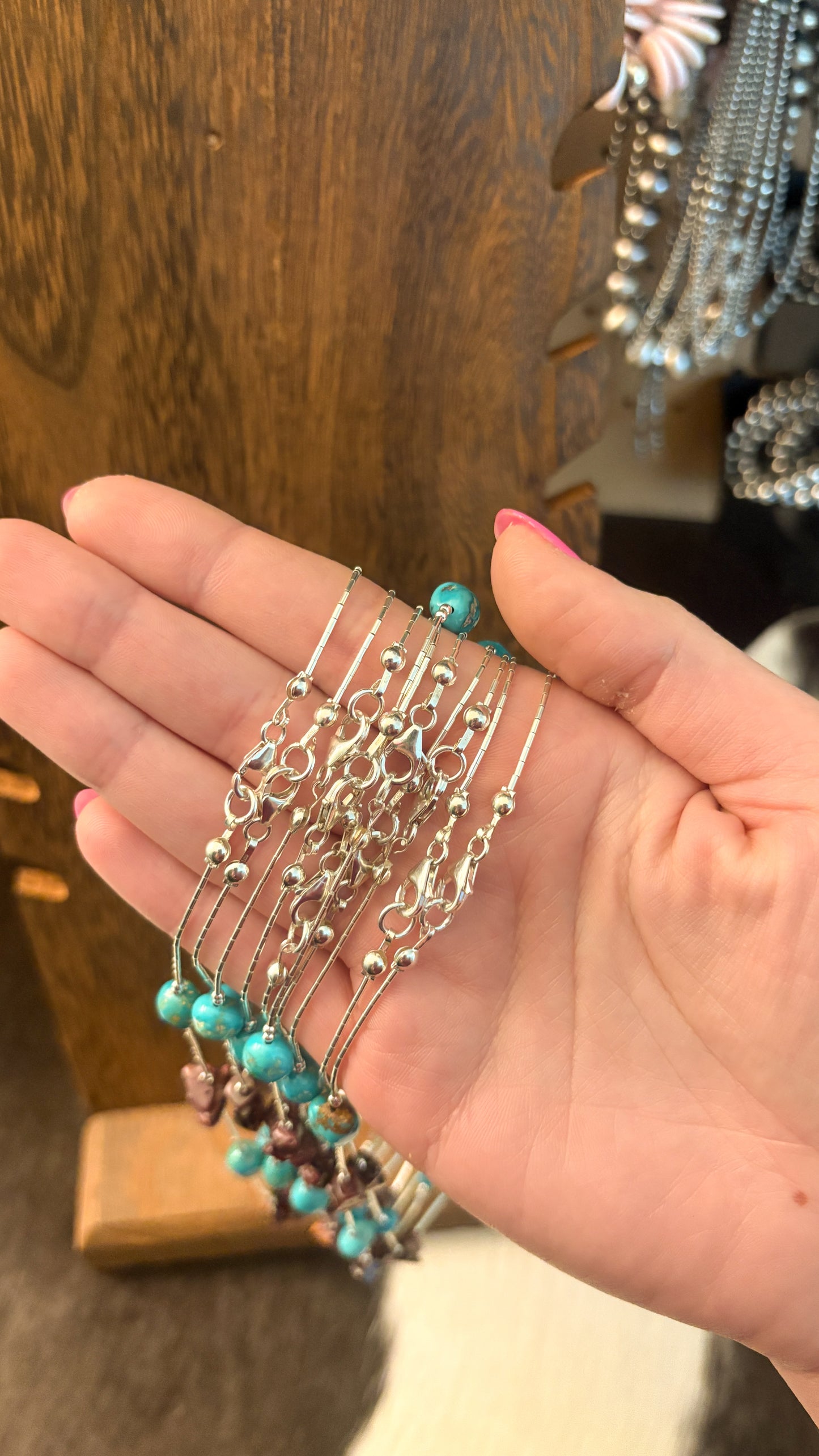 LIQUID SILVER KINGMAN TURQUOISE & PURPLE SPINY NECKLACE