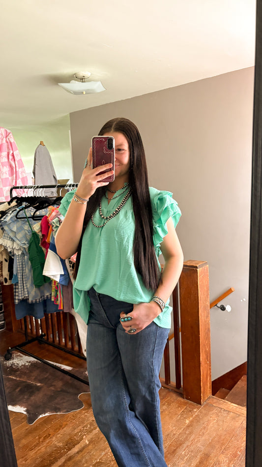 LARGE RUFFLE SLEEVE TOP - MINT
