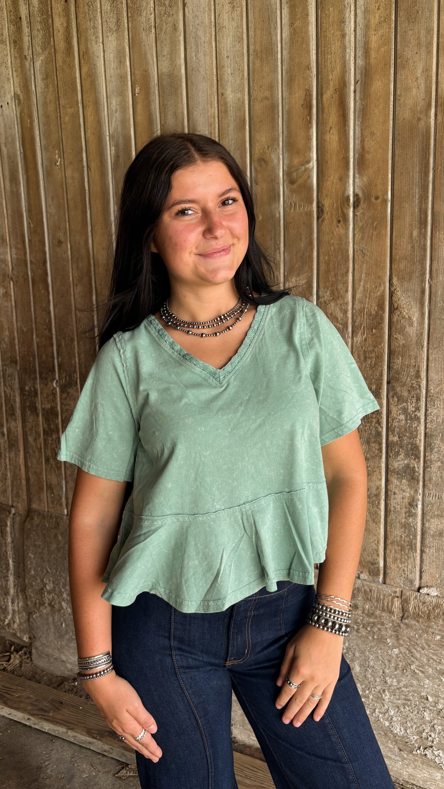 ACID WASH RUFFLE TOP - SAGE