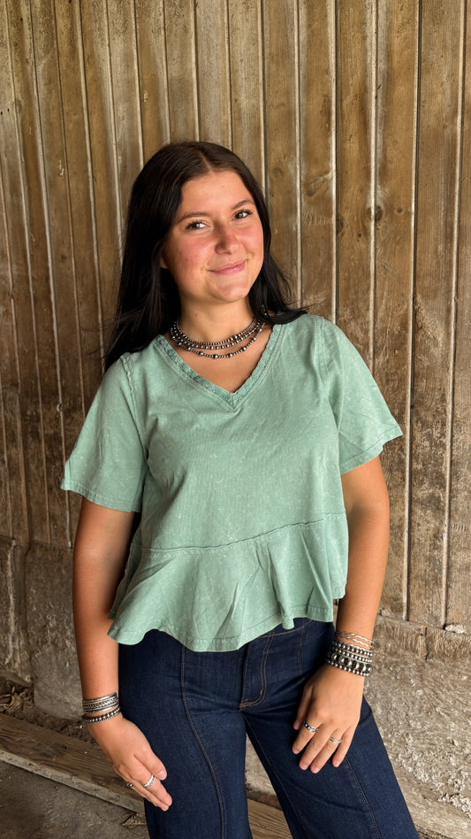 ACID WASH RUFFLE TOP - SAGE