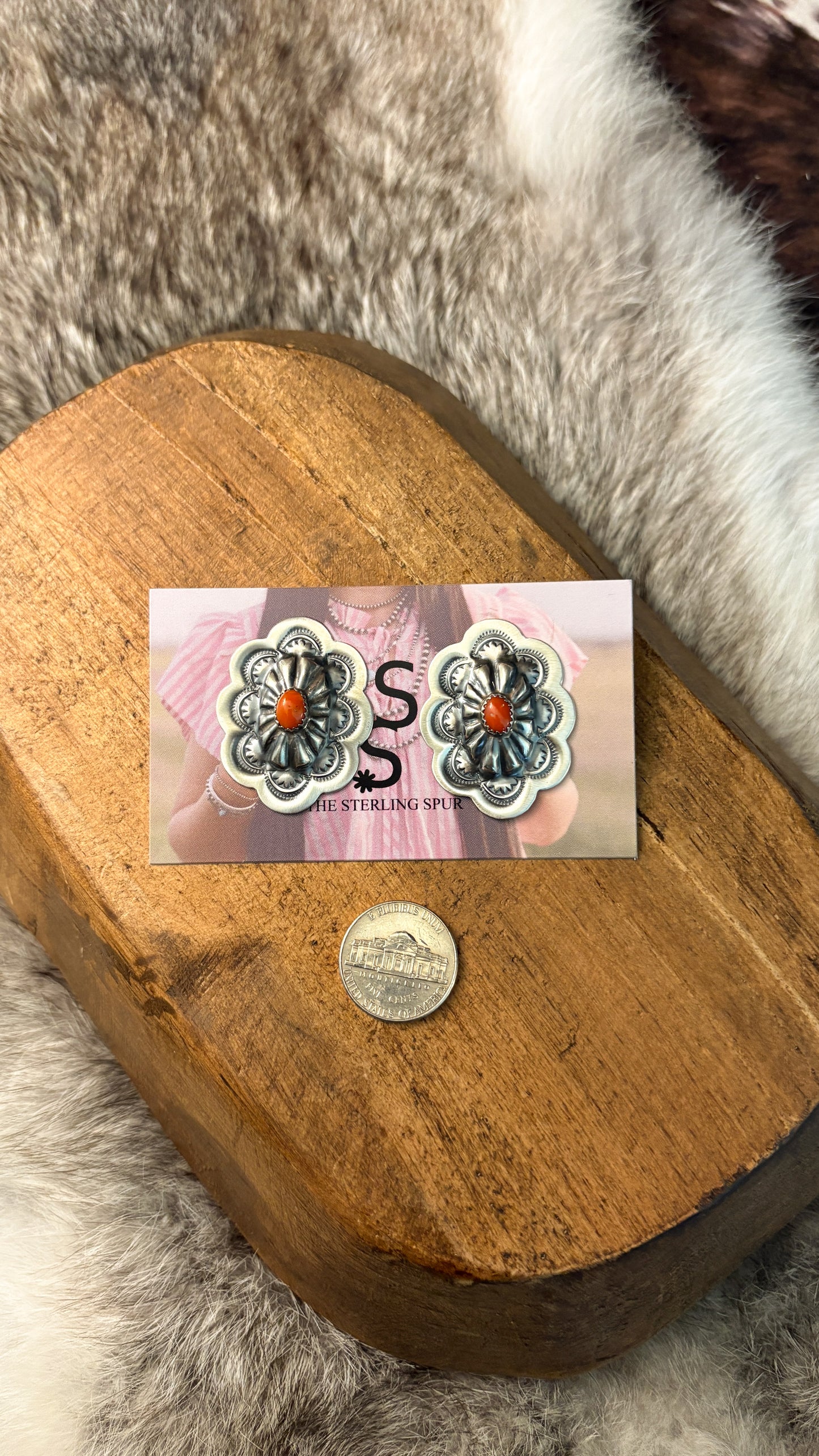 OVAL CORAL CONCHO EARRINGS BY LAVINA BENALLY