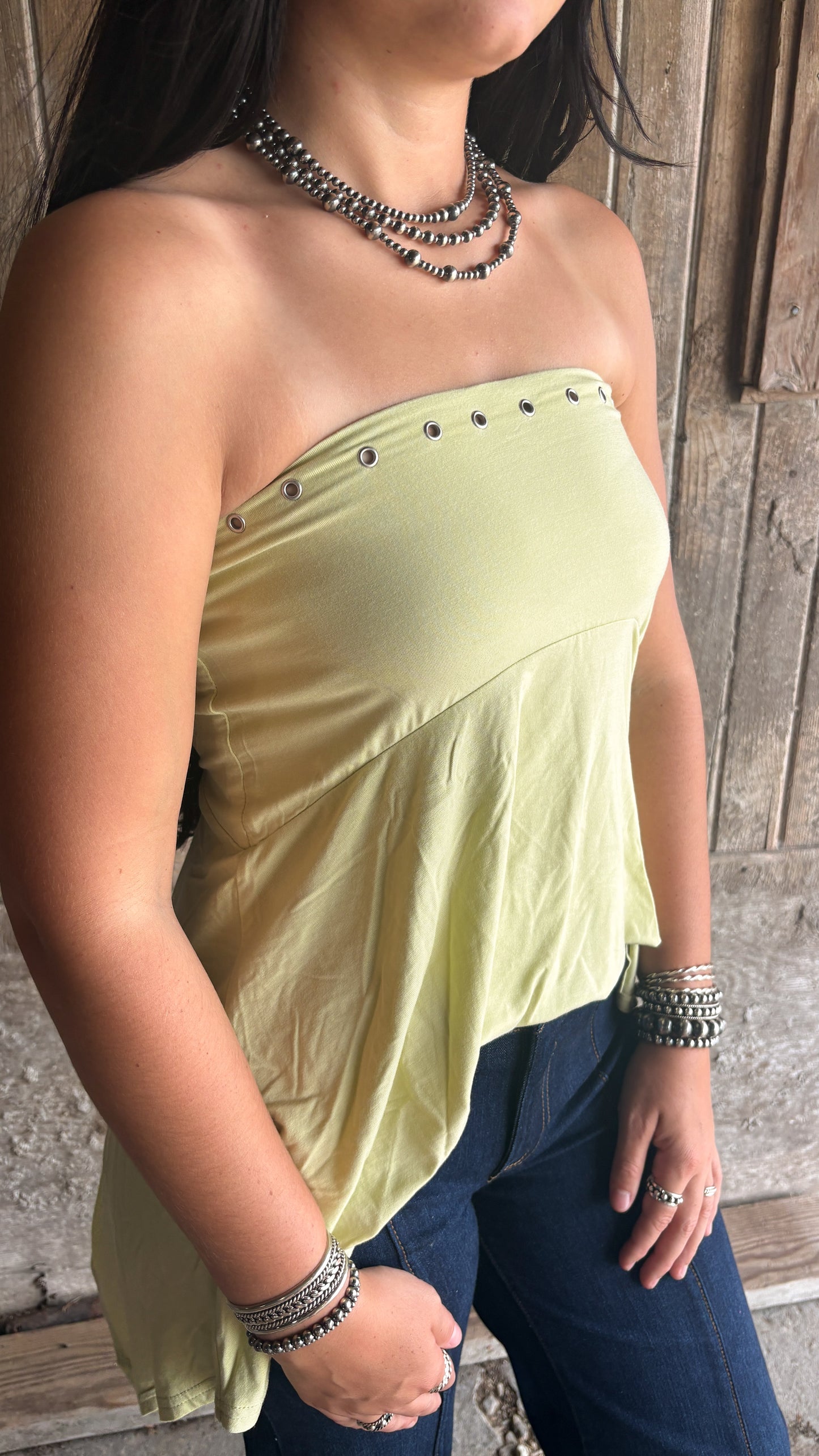 GREEN EYELET DETAIL FLOWY TUBE TOP