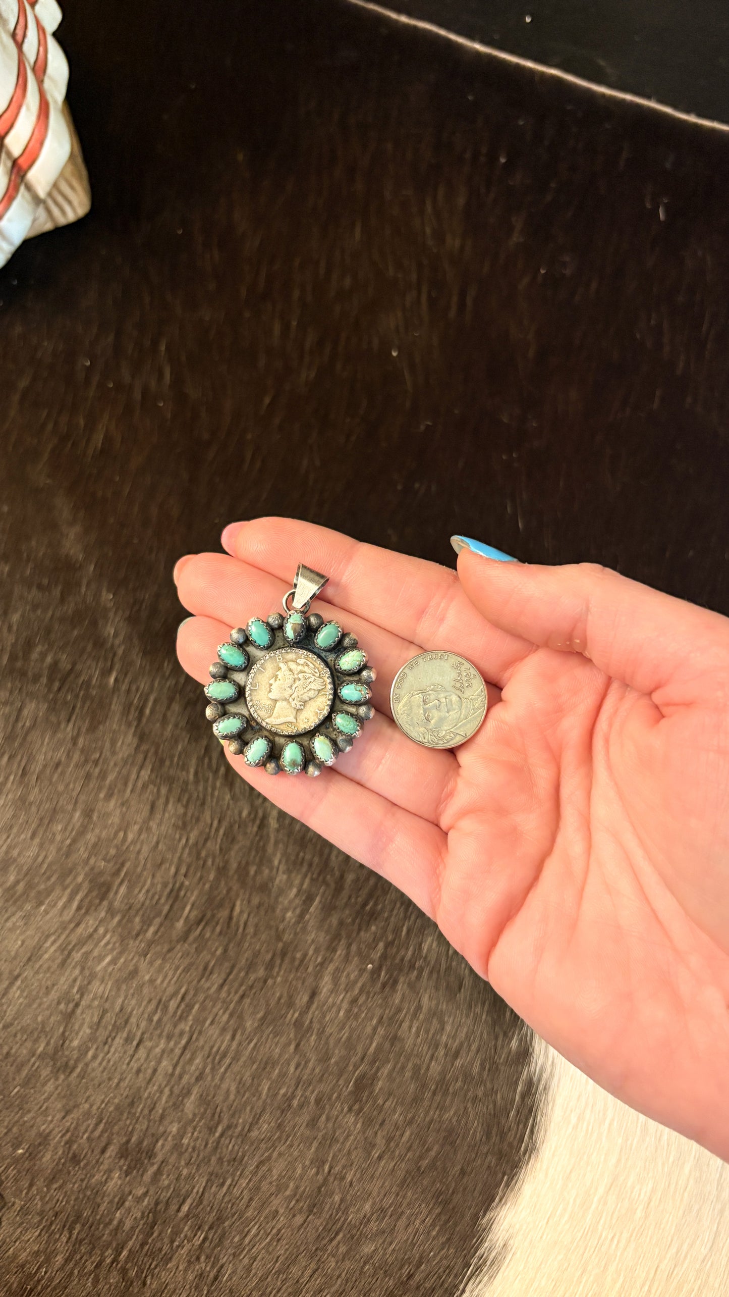1944 GREEN TURQUOISE MERCURY DIME CLUSTER PENDANT BY ELI SKEETS