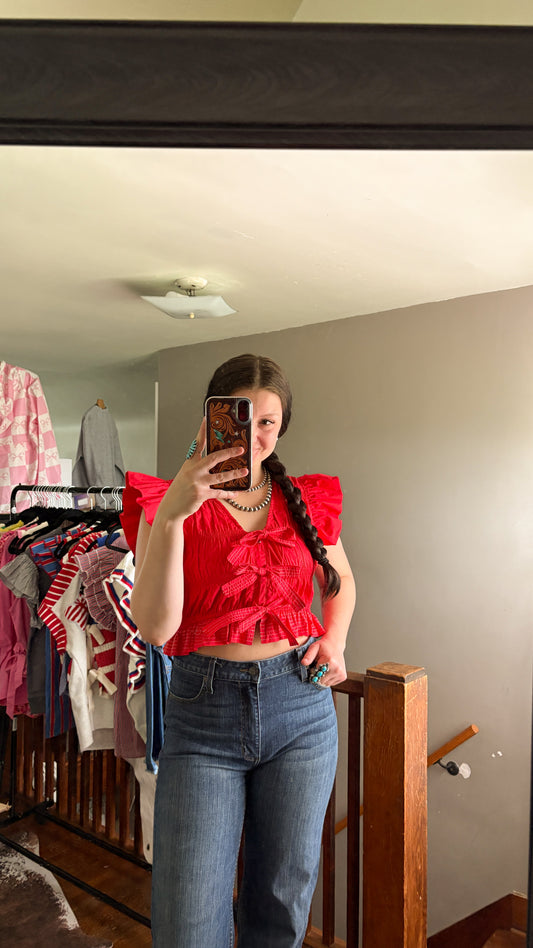RED CROPPED BOW RUFFLE TOP
