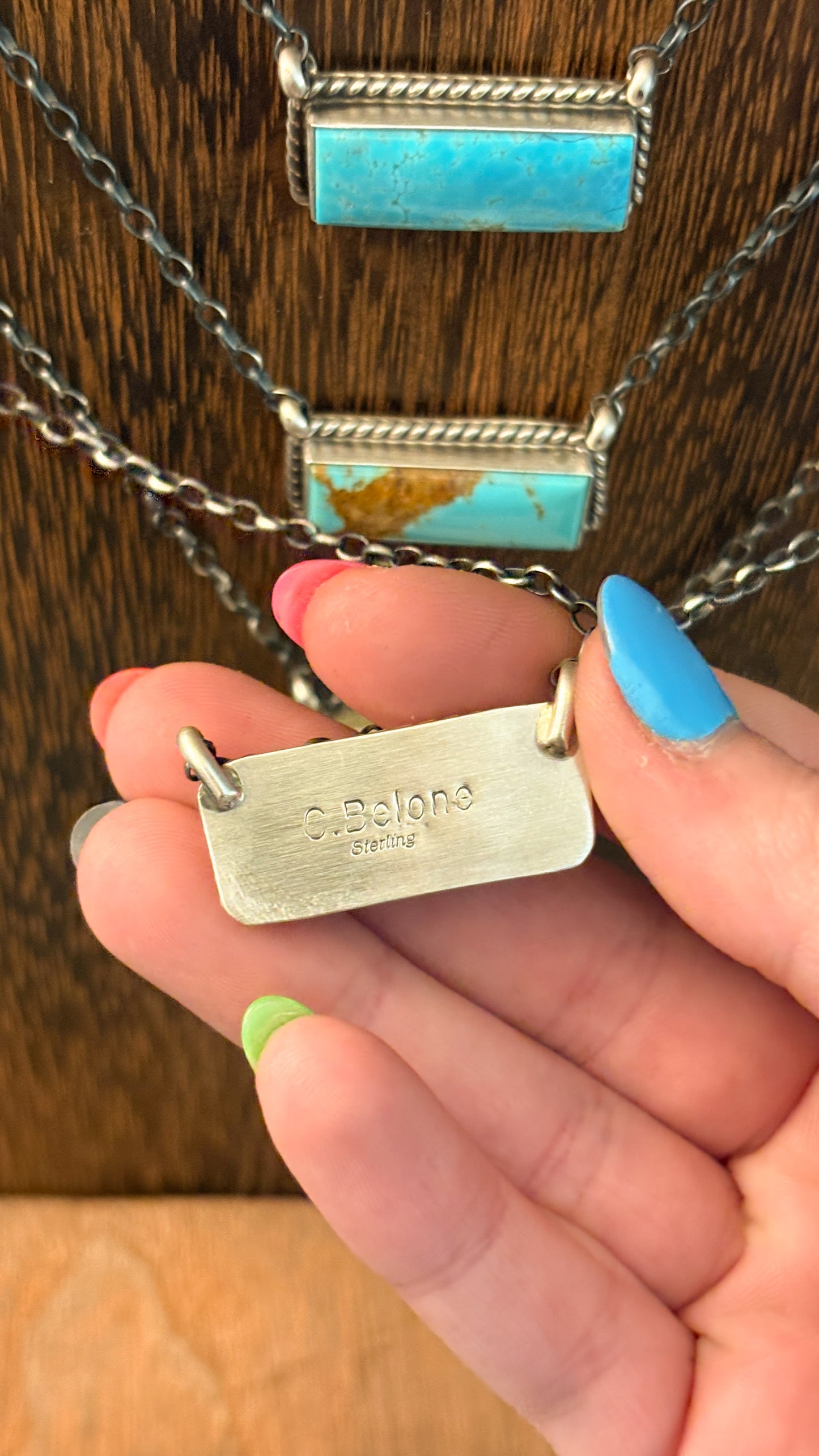 LARGE BLUE KINGMAN TURQUOISE BAR NECKLACE BY CHASSITY BELONE