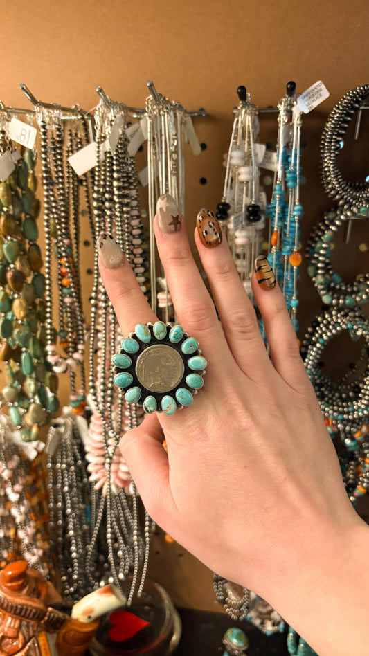 BUFFALO NICKEL TURQUOISE CLUSTER RING BY TRAVIS JIM