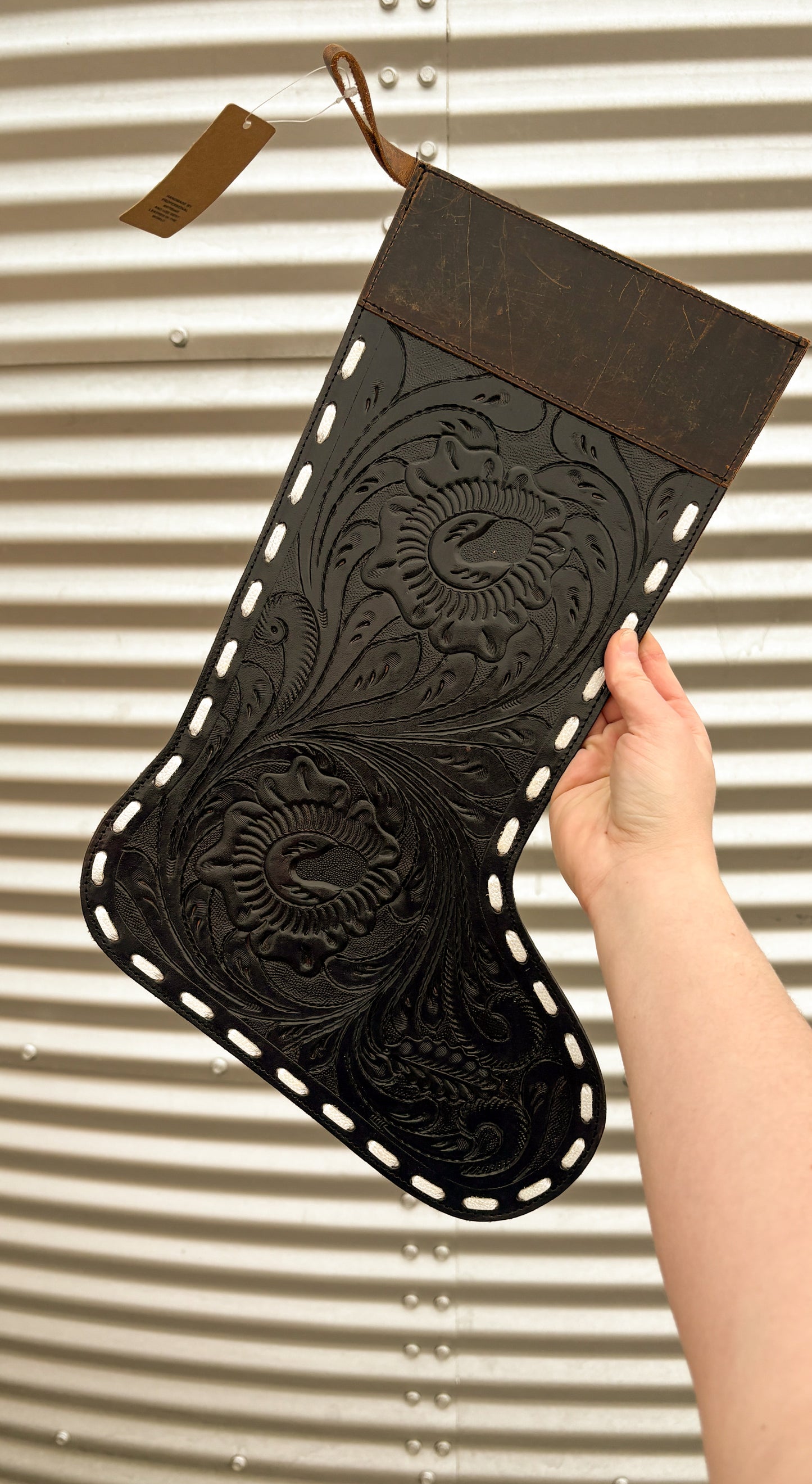 BLACK LEATHER TOOLED STOCKING