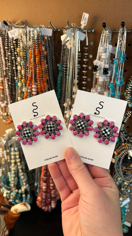 HOT PINK OPAL & CHECKERBOARD CLUSTER EARRINGS