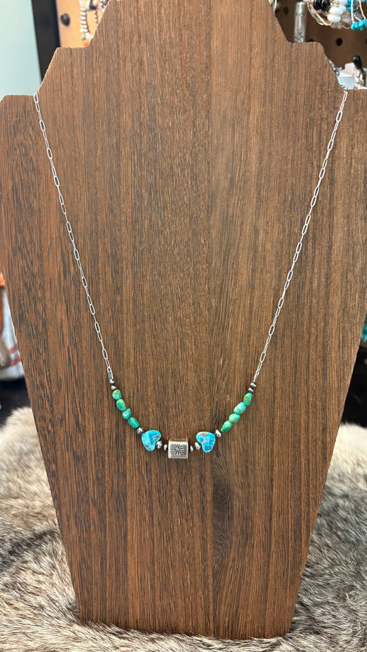 TURQUOISE HEART & SONORAN GOLD BARREL BEAD CHAIN NECKLACE