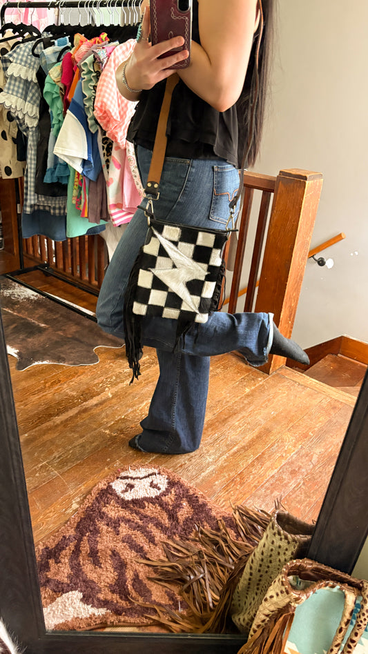 COWHIDE CHECKERED LIGHTNING BOLT CROSS BODY BAG