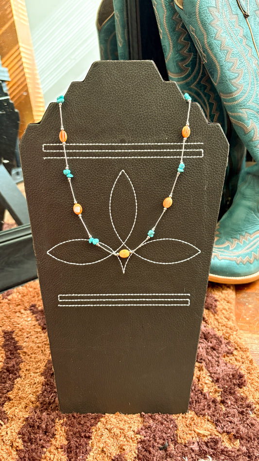 TURQUOISE & ORANGE SPINY OYSTER LIQUID SILVER NECKLACE