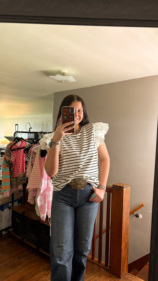 BLACK & WHITE STRIPED RUFFLE BLOUSE