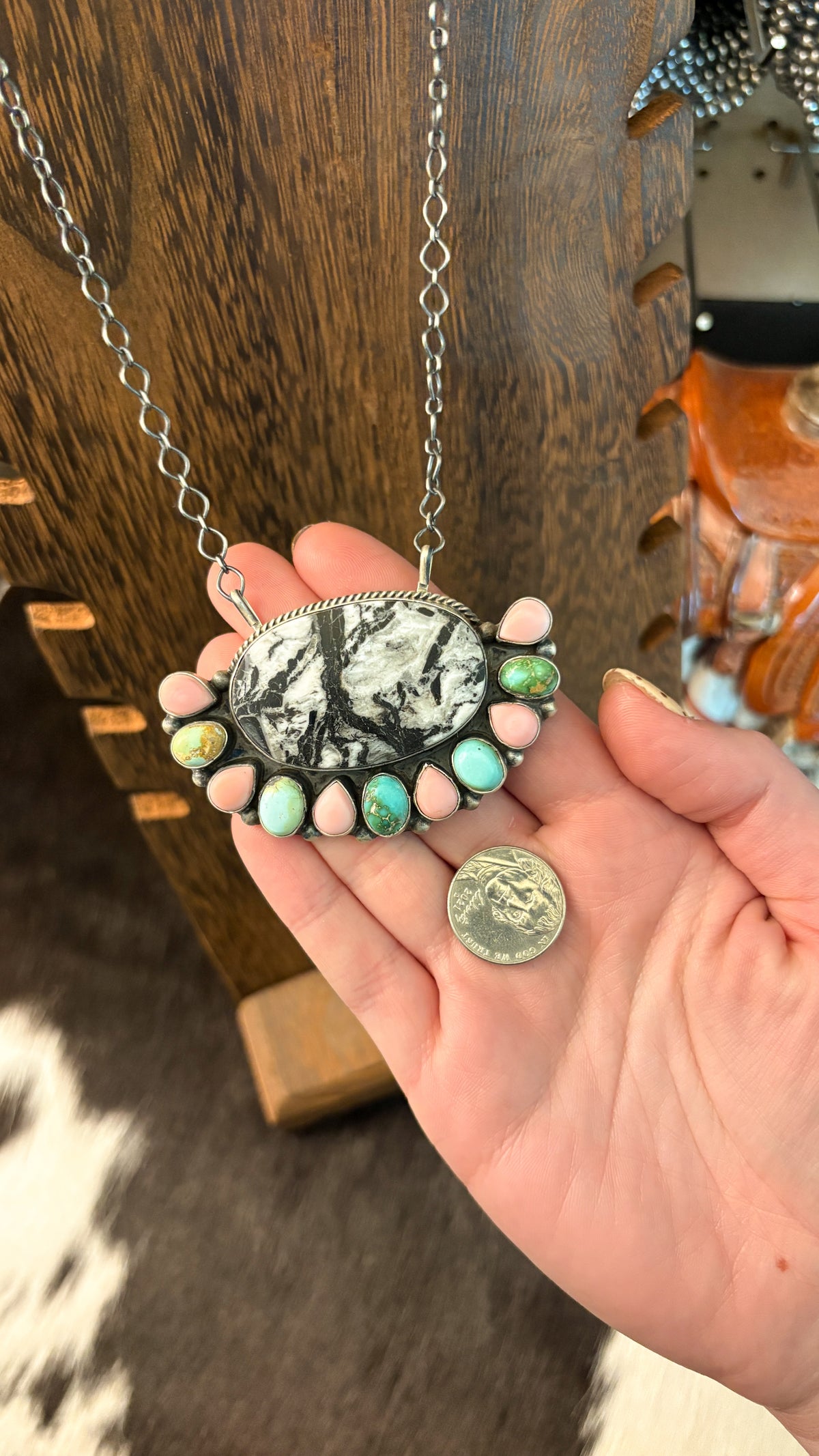XL SONORAN GOLD TURQUOISE , PINK CONCH, & WHITE BUFFALO CLUSTER NECKLACE