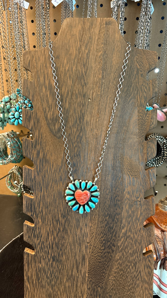 TURQUOISE & RED SPINY HEART CLUSTER NECKLACE BY TRICIA SMITH