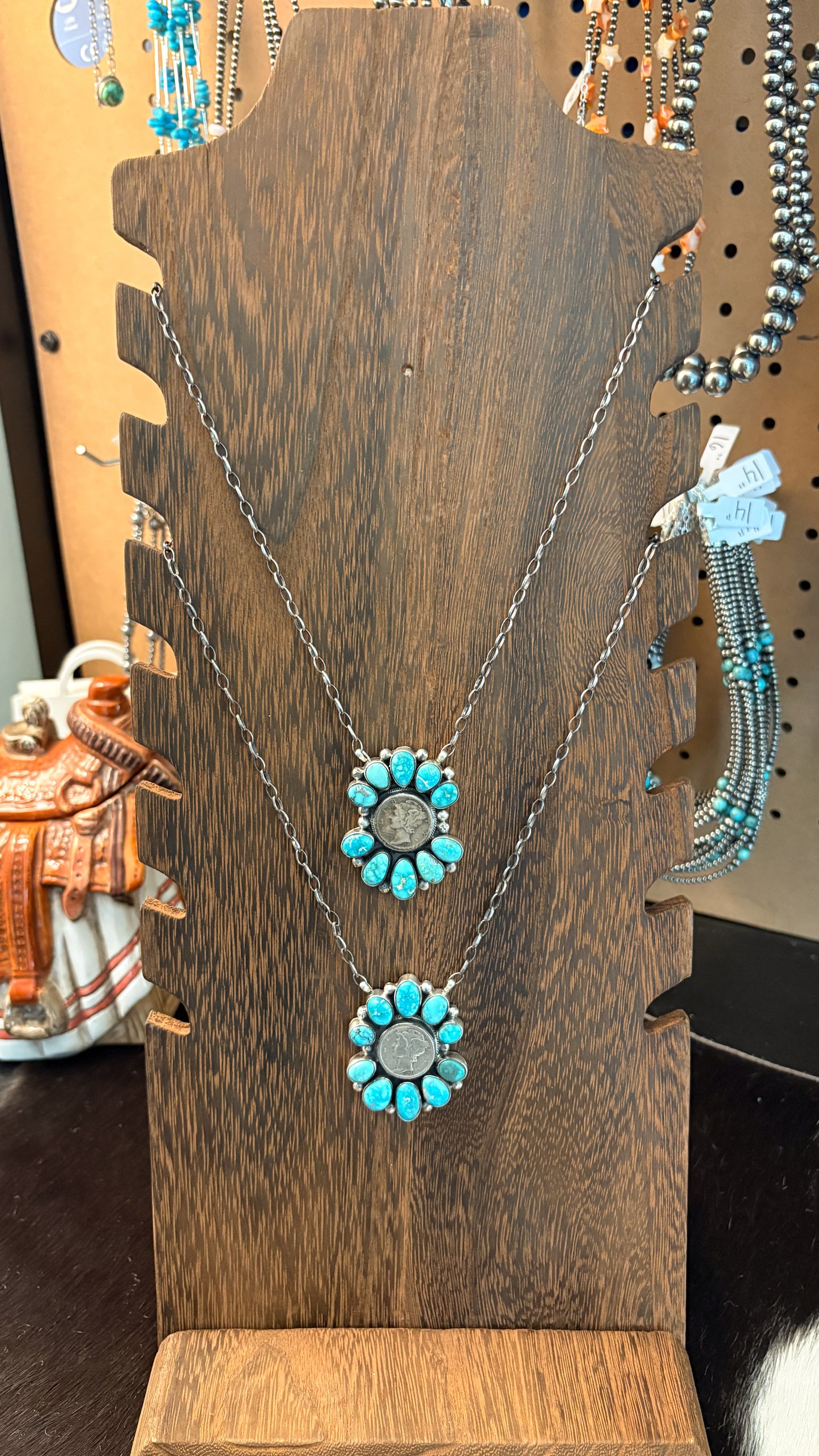 MIXED TURQUOISE MERCURY DIME CLUSTER NECKLACE BY JOHN SKEETS