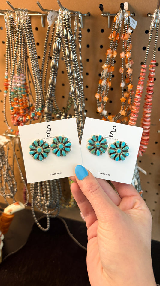 MEDIUM TURQUOISE CLUSTER EARRINGS STAMPED JJP STERLING