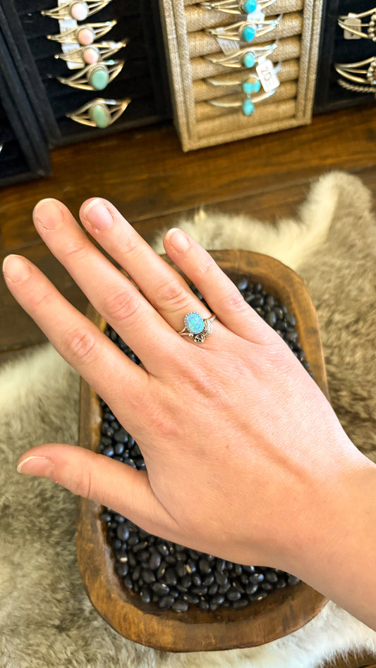 BLUE OPAL SINGLE STONE FEATHER RING BY MAXINE CALLADITO
