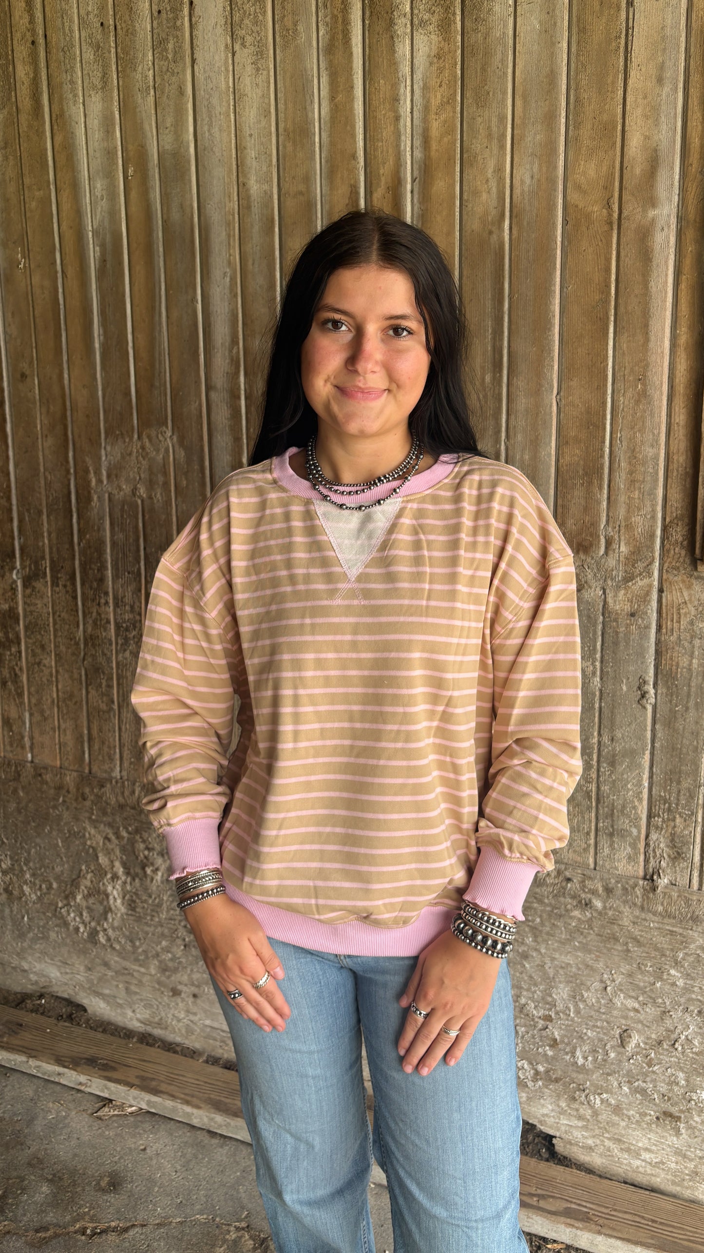 TAN & PINK STRIPED LONG SLEEVE SWEATER W LETTUCE DETAIL