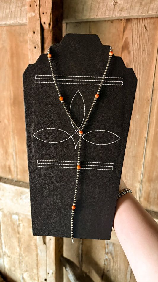 3-6MM STERLING SILVER PEARL LARIAT - ORANGE SPINY OYSTER