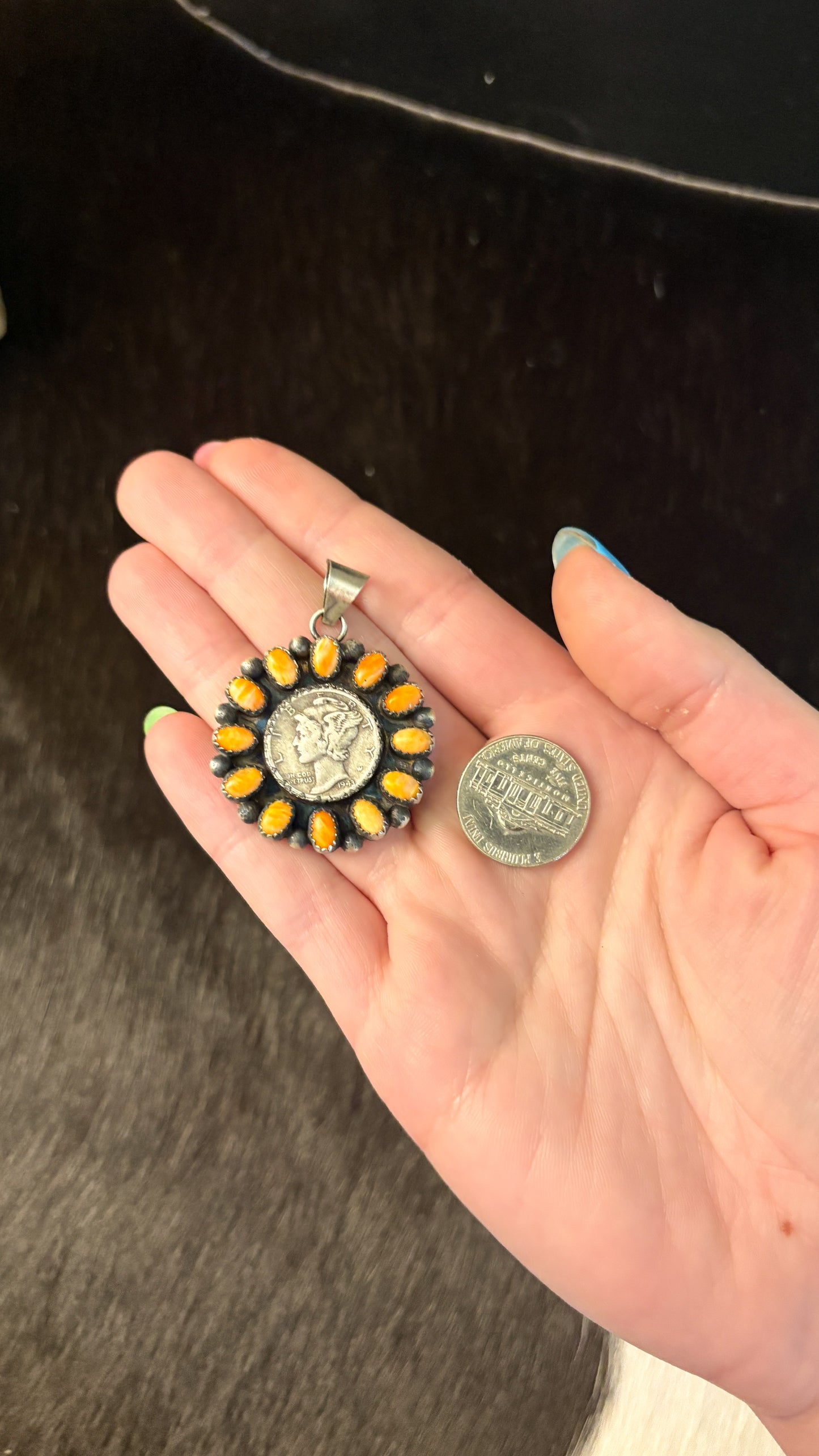 1943 ORANGE SPINY OYSTER MERCURY DIME CLUSTER PENDANT BY ELI SKEETS