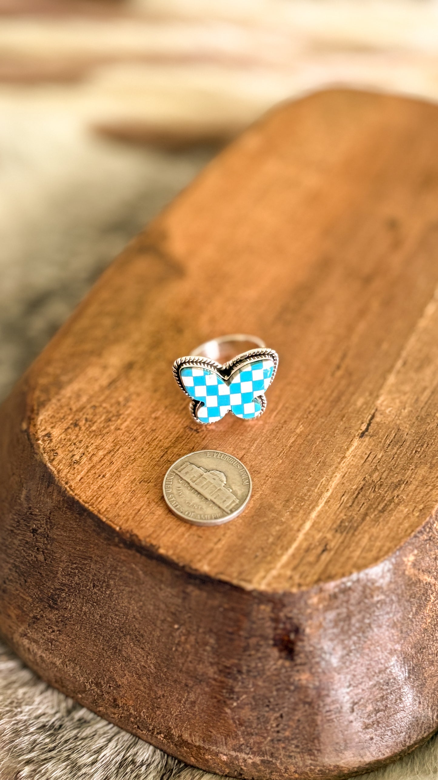 CHECKERED BUTTERFLY ADJUSTABLE RING