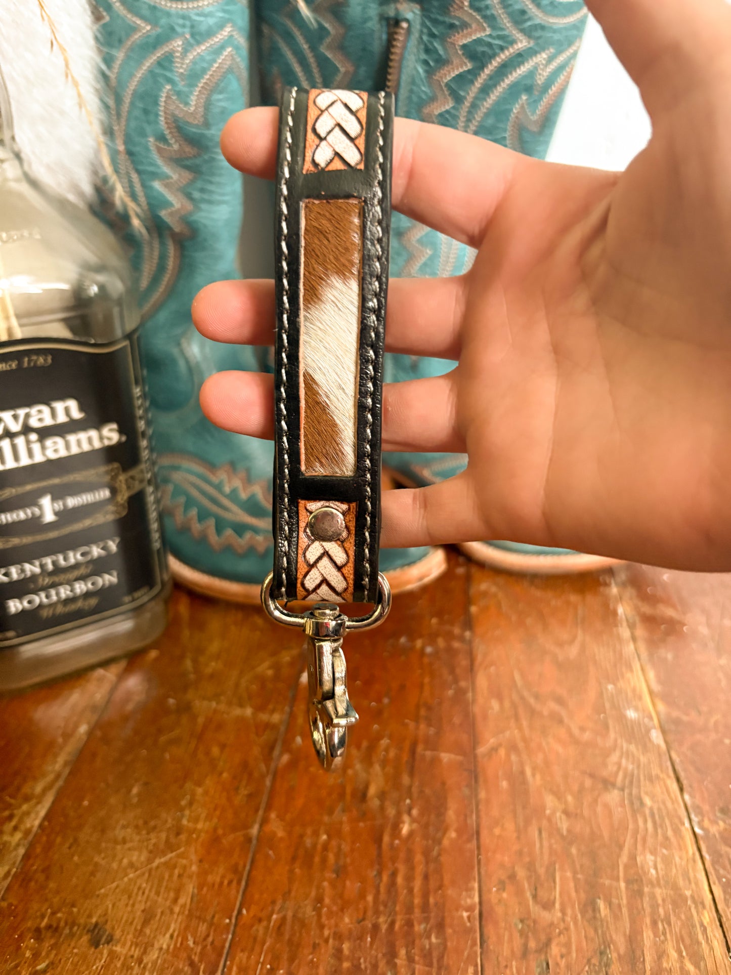 LEATHER TOOLED & COWHIDE KEY FOB - STYLE 4