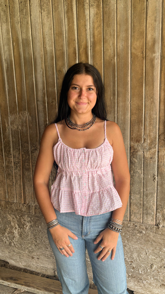 PINK GINGHAM BABYDOLL RUFFLE  TOP