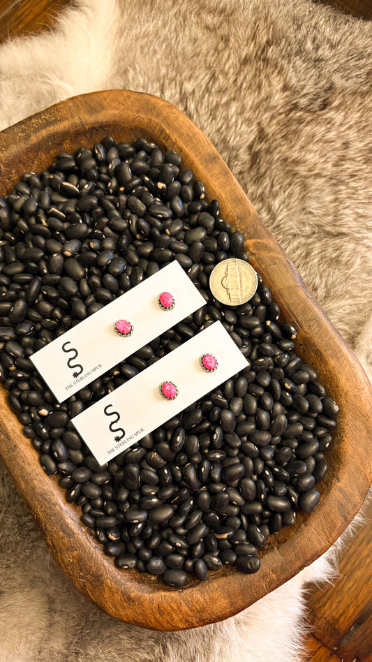 OVAL SHAPED HOT PINK OPAL STUD EARRINGS W ROPE DETAIL